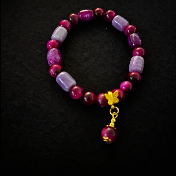 Pink Dragon Vein Agate and Pink Tigers Eye Beaded Bracelet with Butterfly Charm - Picture 4 of 6